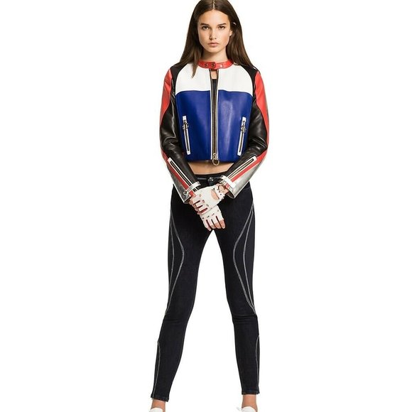 Women's Genuine Lambskin Leather Colorblock Jacket - Medium - Picture 1 of 5